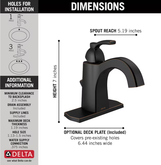 Delta Flynn Oil Rubbed Bronze Single Hole 1-Handle WaterSense Bathroom Sink Faucet with Drain and Deck Plate