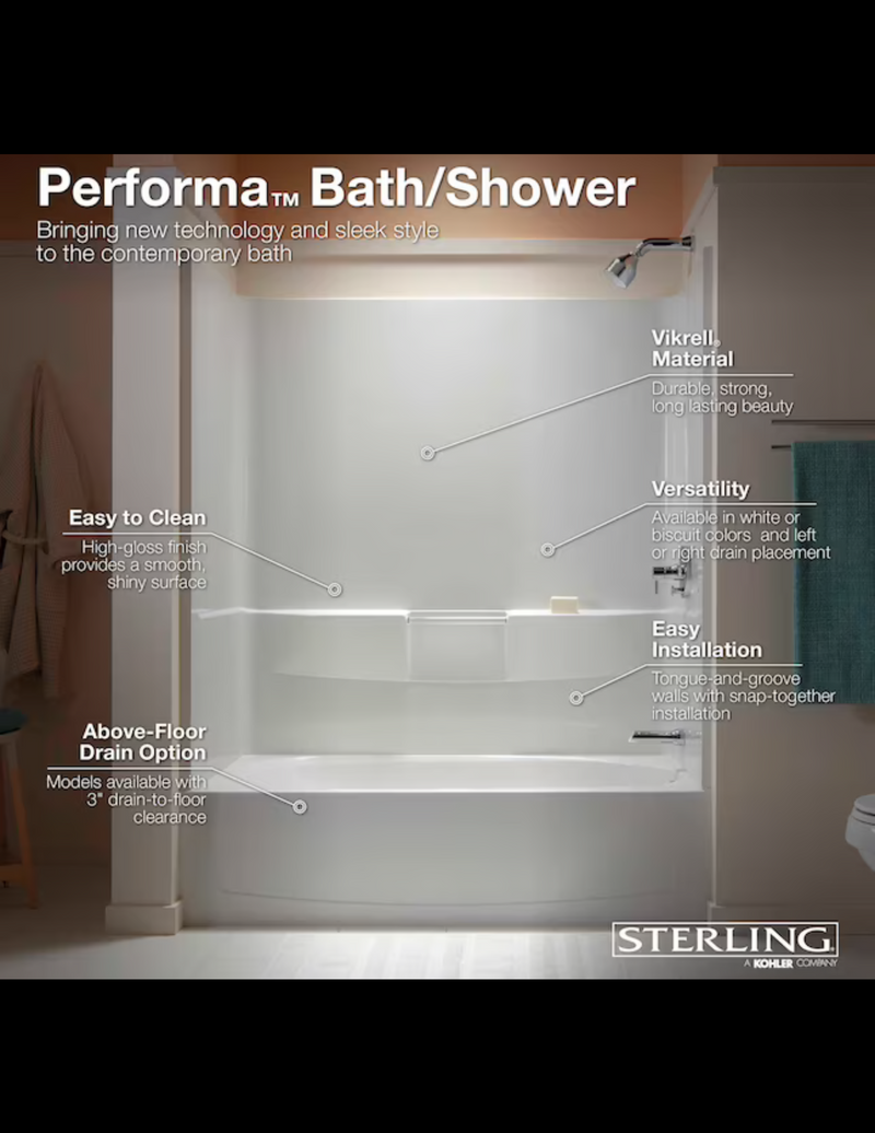 Sterling Performa2 29.13-in x 60.25-in White Polyresin and Fiberglass Alcove Soaking Bathtub (Left Drain)