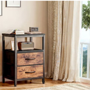 Sweetcrispy Black-Brown Modern Nightstand Bedside Table with 2 Fabric Drawers and Power Outlets
