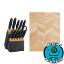 Beautiful 14-Piece Black & Gold Knife Block Set with 11x14 Herringbone Wood Cutting Board by Drew Barrymore