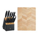 Beautiful 14-Piece Black & Gold Knife Block Set with 11x14 Herringbone Wood Cutting Board by Drew Barrymore