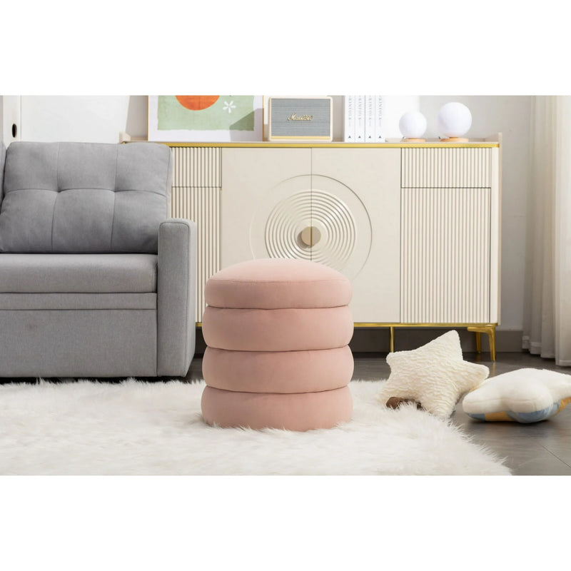 Velvet Round Ottoman, Upholstered Footrest Stool, Pink