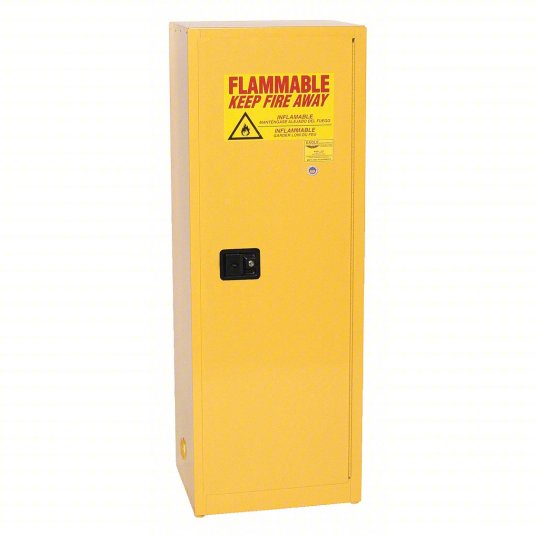 Flammables Safety Cabinet: 24 gal, 0 Drum Capacity, 23 1/4 in x 18 in x 65 in, Yellow