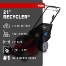 Toro Recycler 21-in 60-volt, Self-Propelled Battery Walk Mower