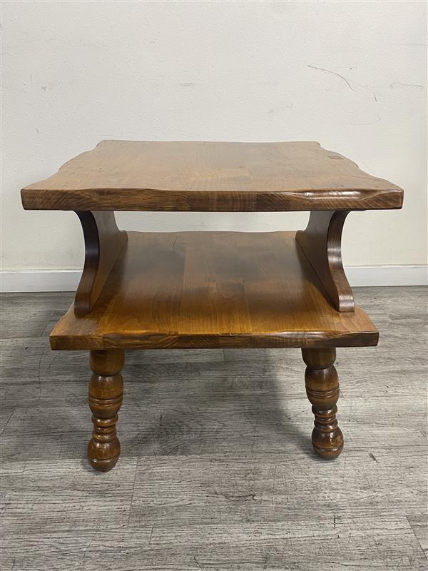 Elegant Wooden Side Table with Carved Accents and Lower Shelf