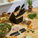 Beautiful 14-Piece Black & Gold Knife Block Set with 11x14 Herringbone Wood Cutting Board by Drew Barrymore