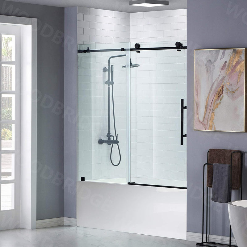 WOODBRIDGE Frameless Bathtub Shower Doors 56-60" Clear Tempered Glass in Matte Black Finish