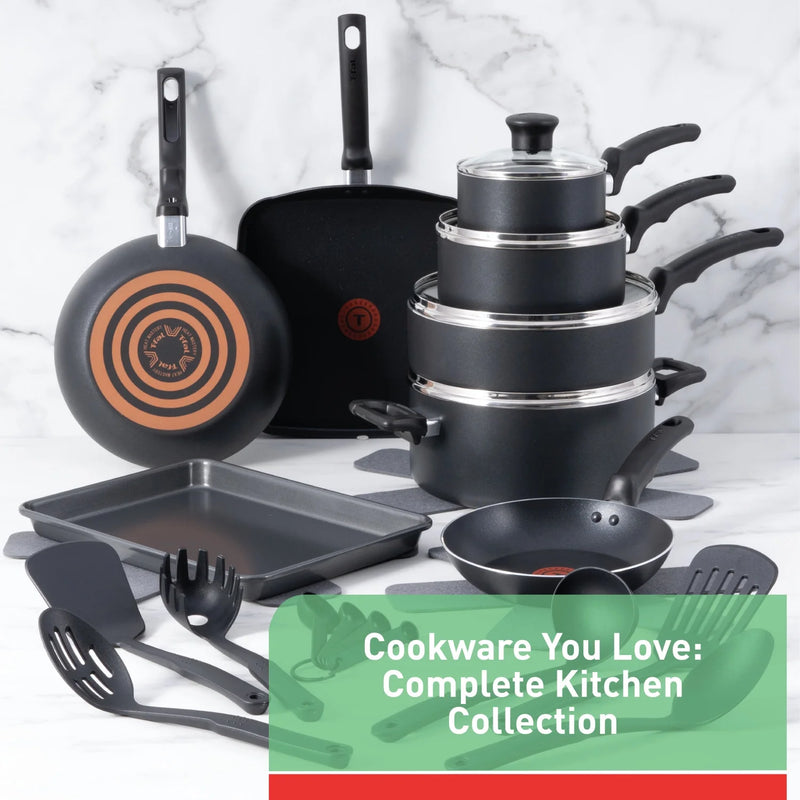 T-fal Kitchen Solutions, 22 Piece Non-Stick Pots and Pans Cookware Set, Black
