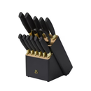 Beautiful 14-Piece Black & Gold Knife Block Set with 11x14 Herringbone Wood Cutting Board by Drew Barrymore