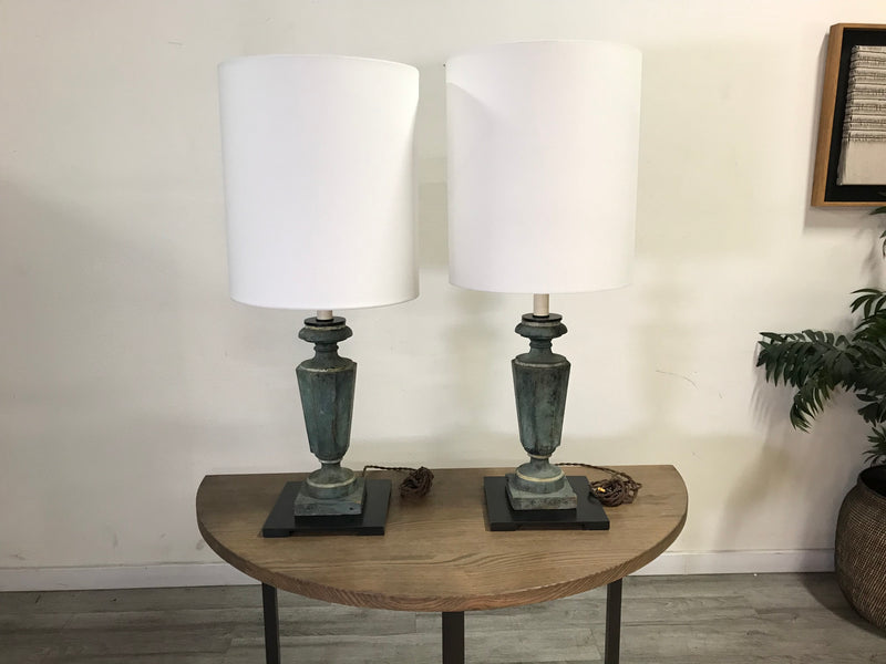 Blue Painted Pedestal Table Lamps - Set of 2