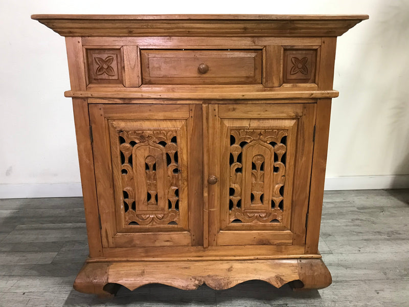 Artisanal Handcarved Light Brown Natural Wood Accent Storage Cabinet