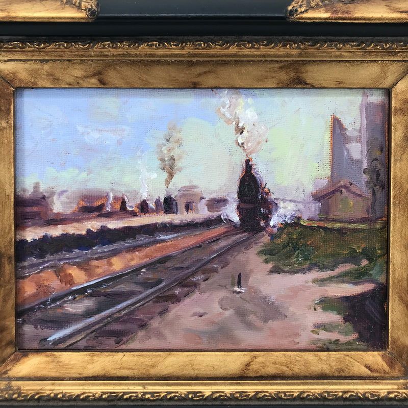 "Oncoming Train" Framed Oil Painting on Canvas Artwork