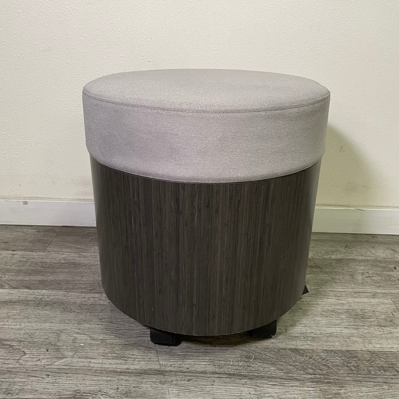 Upholstered Round Oak Wooden Ottoman with Wheels