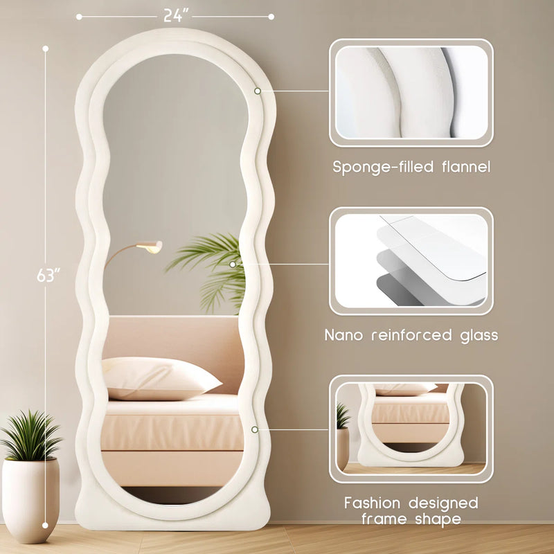 Wrought 63" x 24" Irregular Wavy Mirror Full Length Mirror With Flannel Frame, White