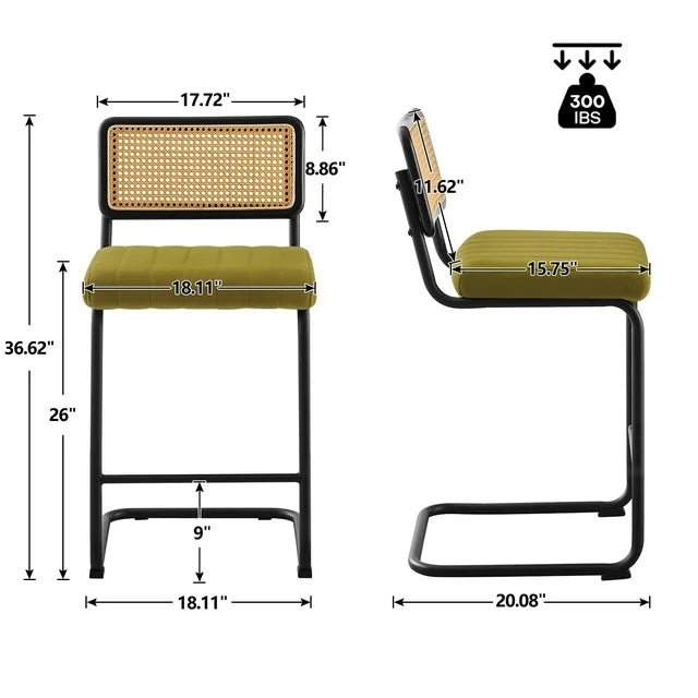 Lucky Monet Velvet Upholstered Bar/Counter Stools with Rattan Backrest Set of 3