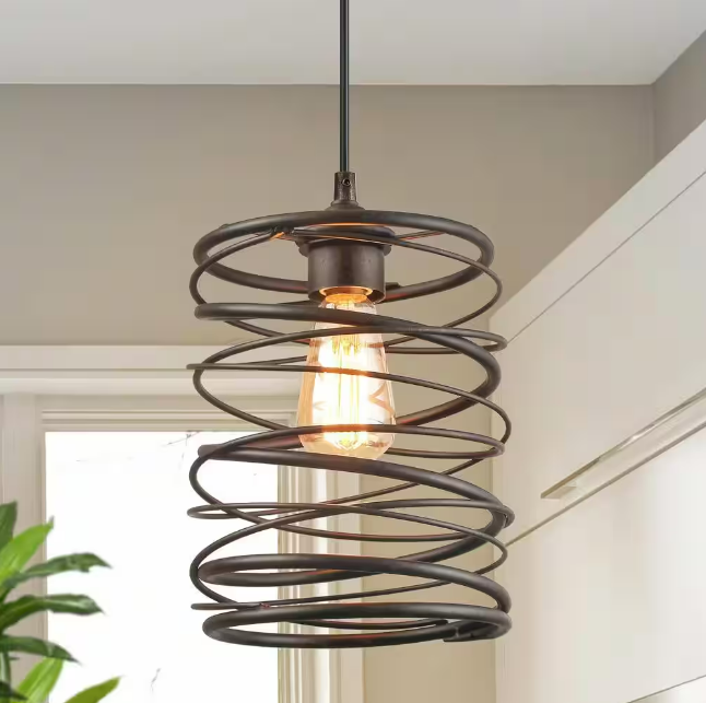Lavie 8 in. 1-Light Rusty Bronze Industrial Pendant Light with Spiral Iron Lantern Cage