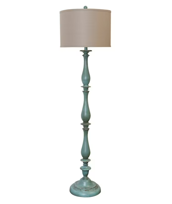 Distressed Blue Floor Lamp with Taupe Hardback Silk Shade
