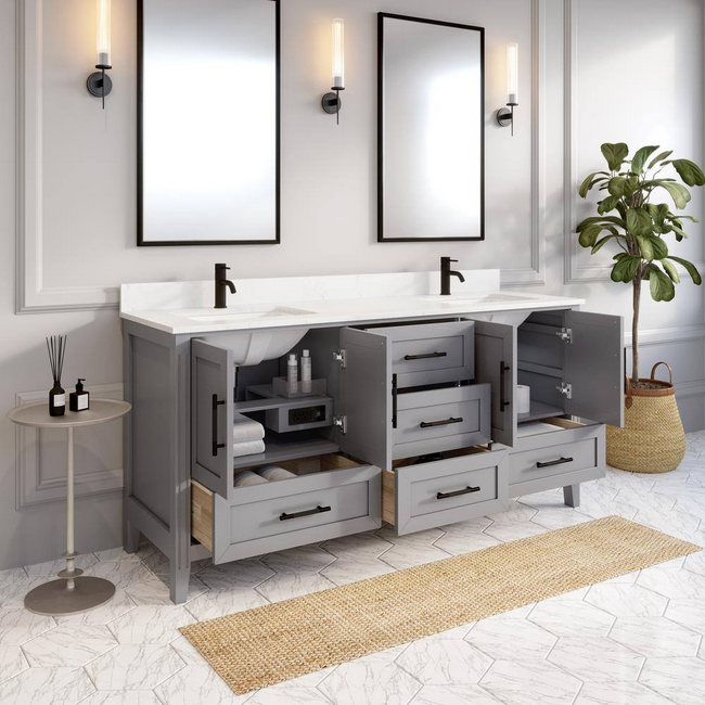 Houston 72 in. W x 22 in. D Bath Vanity in Gray Diamond Quartz Top with White Sink Power Bar and Drawer Organizer by ART BATHE