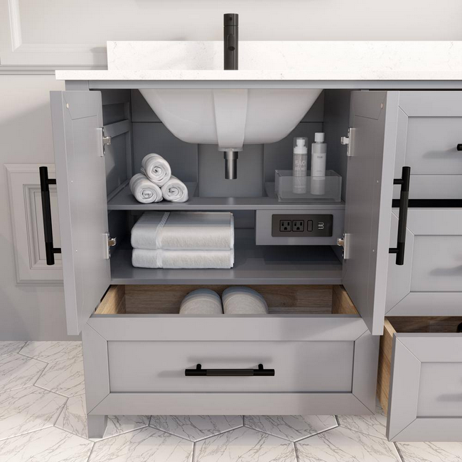 Houston 72 in. W x 22 in. D Bath Vanity in Gray Diamond Quartz Top with White Sink Power Bar and Drawer Organizer by ART BATHE