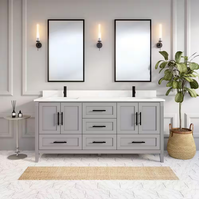 Houston 72 in. W x 22 in. D Bath Vanity in Gray Diamond Quartz Top with White Sink Power Bar and Drawer Organizer by ART BATHE