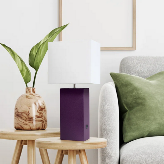 Leather Base Table Lamp with White Rectangular Linen Shade by Latitude Run w/ USB Port