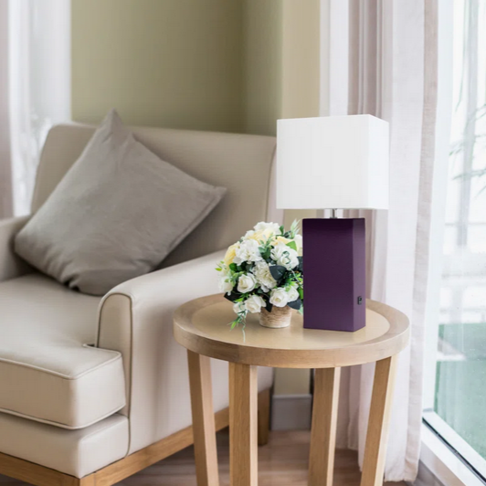 Leather Base Table Lamp with White Rectangular Linen Shade by Latitude Run w/ USB Port