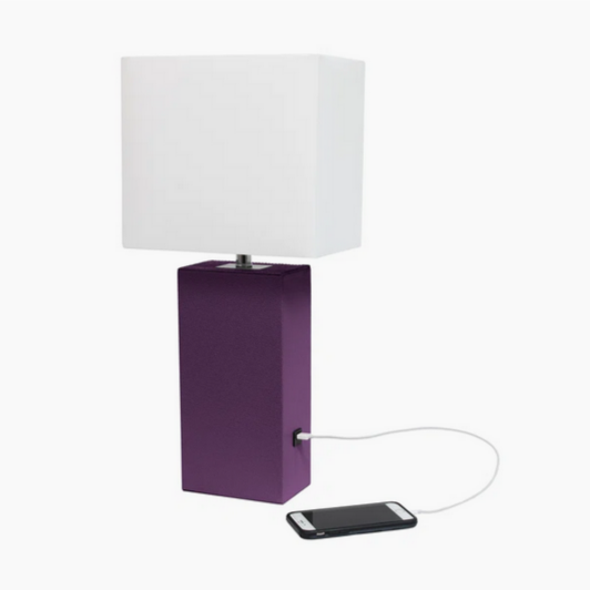Leather Base Table Lamp with White Rectangular Linen Shade by Latitude Run w/ USB Port