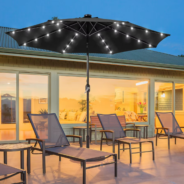ACEGOSES 9-ft Steel Black Push-button Tilt Market Patio Umbrella with Lights