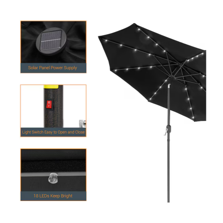 ACEGOSES 9-ft Steel Black Push-button Tilt Market Patio Umbrella with Lights