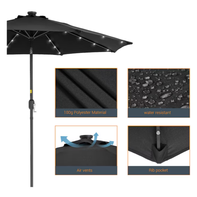 ACEGOSES 9-ft Steel Black Push-button Tilt Market Patio Umbrella with Lights