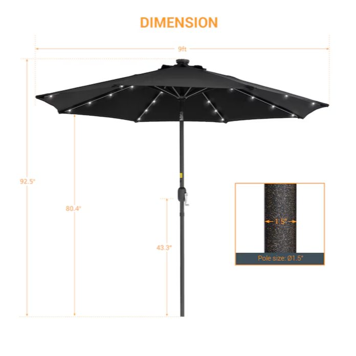 ACEGOSES 9-ft Steel Black Push-button Tilt Market Patio Umbrella with Lights