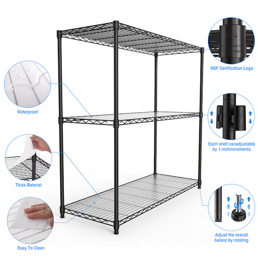 Gaierptone 3 -Tier Heavy Duty Black Metal Utility shelving unit 48" W x 18" D x 48" H