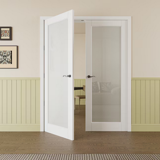 JUJUBON 56 in. x 80 in. White 2-Lite Frosted Glass Double Prehung Interior French Door with T-Astragal