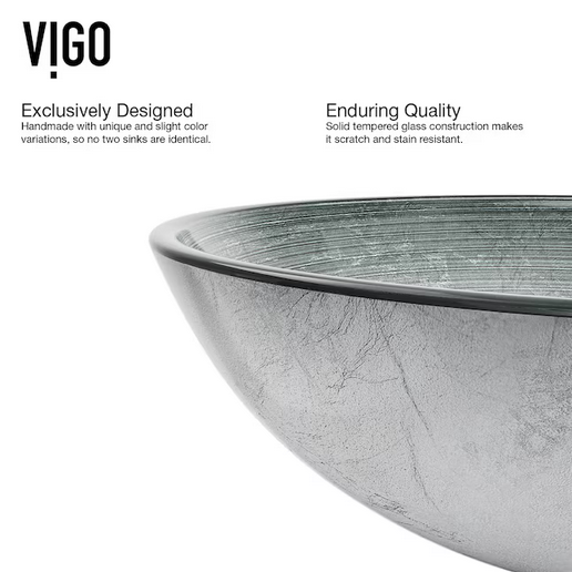 VIGO Simply Glass 17-in Vessel Round Modern Simply Silver Bathroom Sink