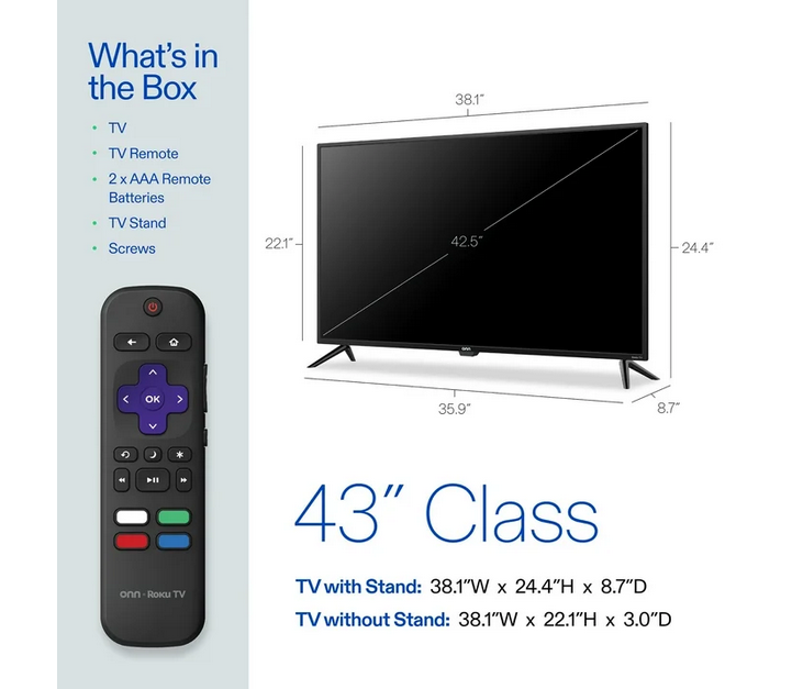 onn 43” Class 4K UHD (2160P) LED Roku Smart Television HDR