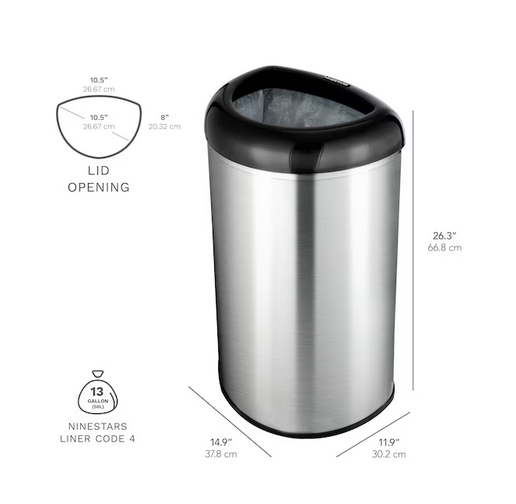 NINESTARS 50 Liter Silver Steel Indoor/Outdoor Kitchen Lidless Trash Can