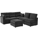 Harper & Bright Designs 85" Chenille Modular Sectional Sofa in Black w/ Ottoman, 2-USB Ports w/ Phone Holder