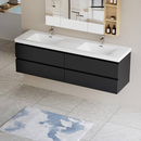 Fieeay 72 in. W Double Sink Floating Bath Vanity in Glossy Black with White Solid Surface Sink Top