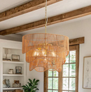 Sevenine Rerhill 7-Light Matte Gold Boho Rattan Lighting 3-Tier Pendant Design Chandelier