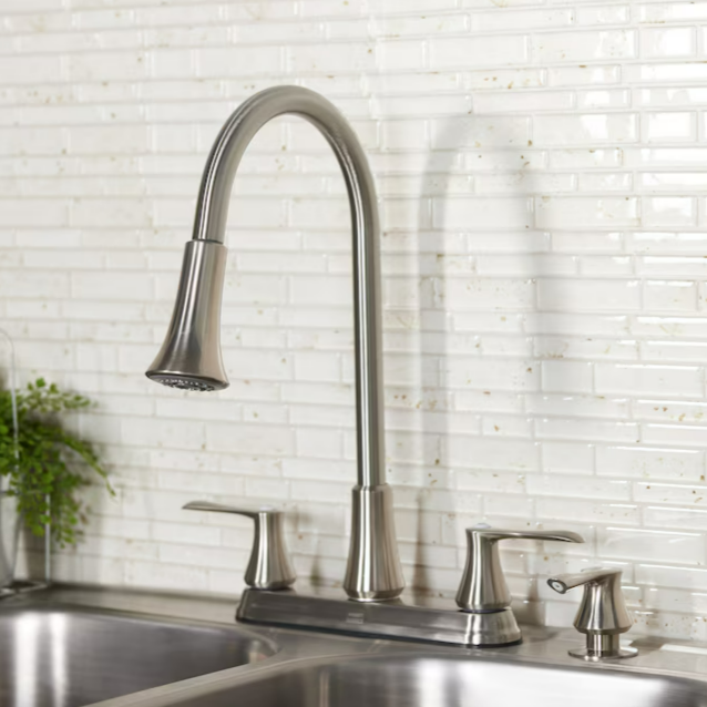 Project Source Stainless Steel Double Handle Deck-mount Pull-down Kitchen Faucet with Sprayer