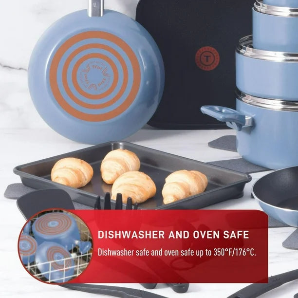 T-fal Kitchen Solutions, 22-Piece Recycled Aluminum Non-Stick Cookware Set Blue