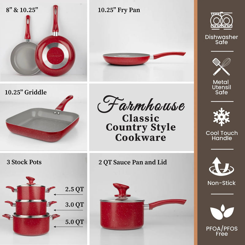 Granitestone Diamond Farmhouse 13 Piece Pots and Pans Set, Nonstick Cookware Set