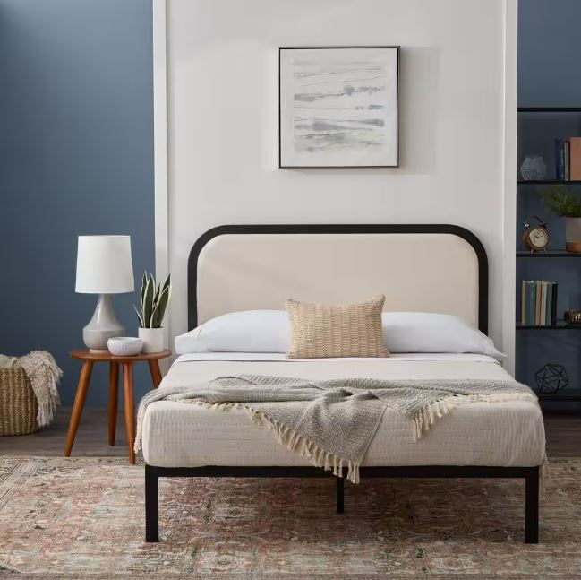 Malouf Brookside Ivory Twin Metal Bed Frame with Rounded Upholstered Headboard