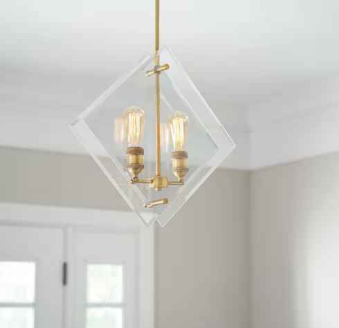 20 in. 2-Light Aged Brass Pendant Beveled Glass Panels Vintage Bulbs Included