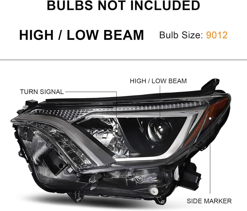 Dreenfl 2016-2018 Toyota RAV4 Headlight Assembly Driver and Passenger Side (Black Housing Amber Reflector)