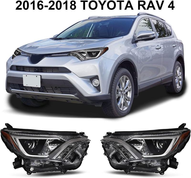 Dreenfl 2016-2018 Toyota RAV4 Headlight Assembly Driver and Passenger Side (Black Housing Amber Reflector)