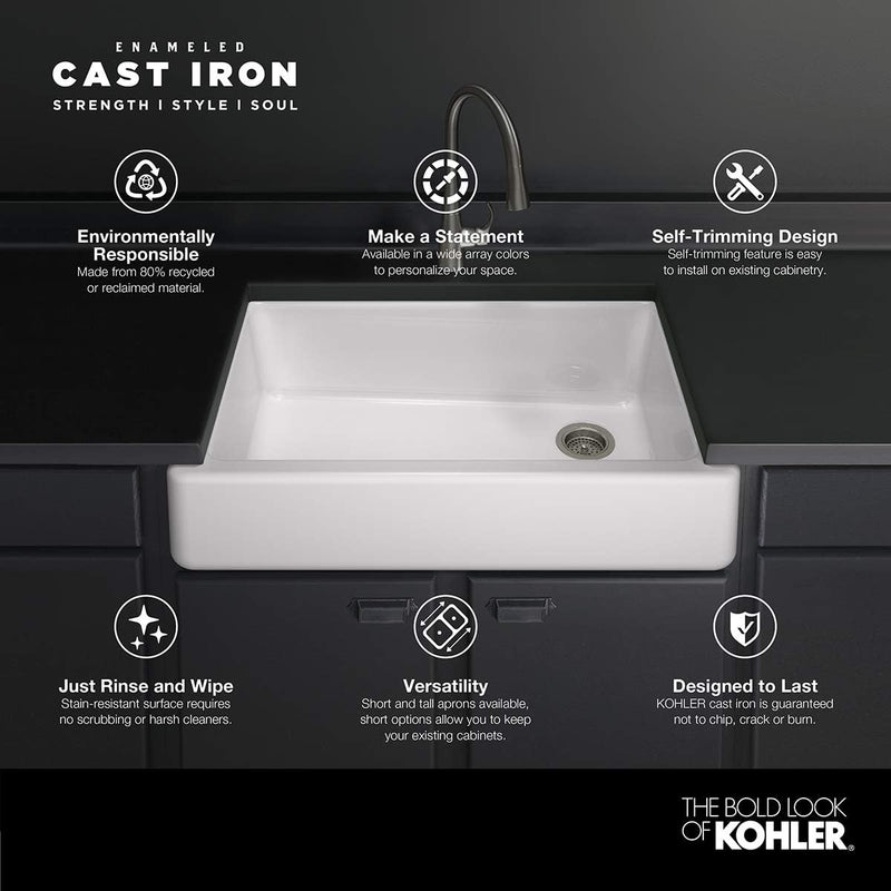 KOHLER Whitehaven Farmhouse Apron Front 35.5" x 21.56" White Cast Iron Single Bowl Kitchen Sink