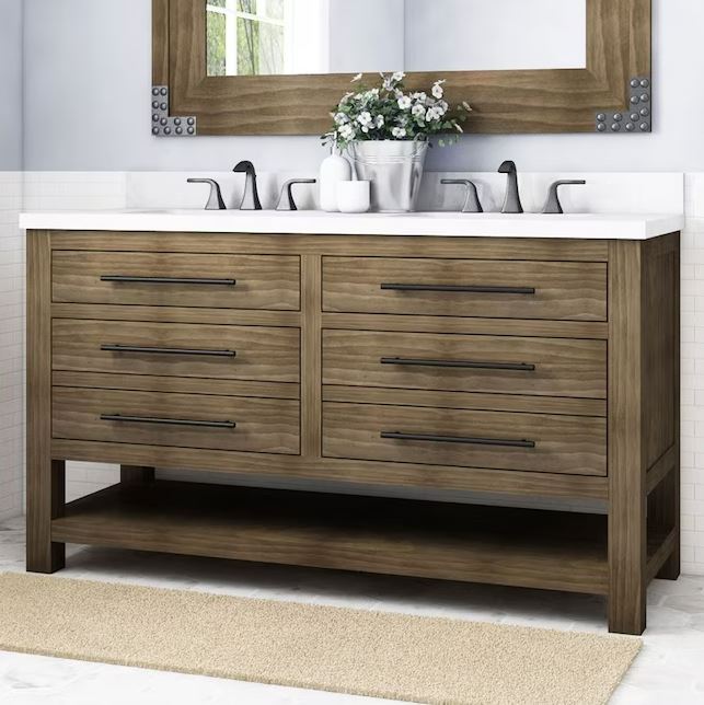 allen + roth Kennilton 60-in Gray Oak Undermount Double Sink Bathroom Vanity with White Carrera Engineered Stone Top (Damaged)