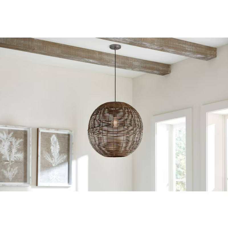 allen + roth Cleo Raw Iron Canopy with Dark Natural Rattan Shade Traditional Globe Pendant Light