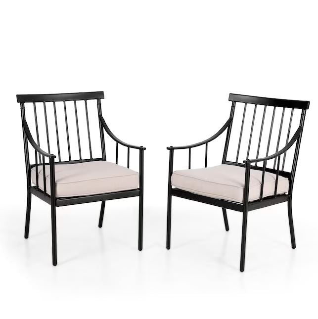 Phi Villa Black Steel Frame Stationary Dining Chairs with White Olefin Cushioned Seat - Set of 2